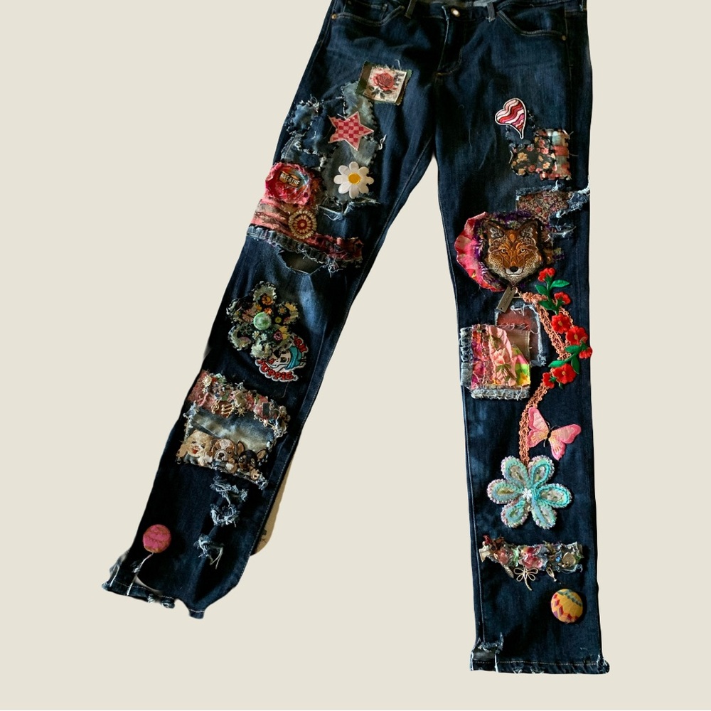 Upcycled Patchwork and Patched Embellished Dark Blue Cigarette Cut Denim Jeans - Picture 11 of 15